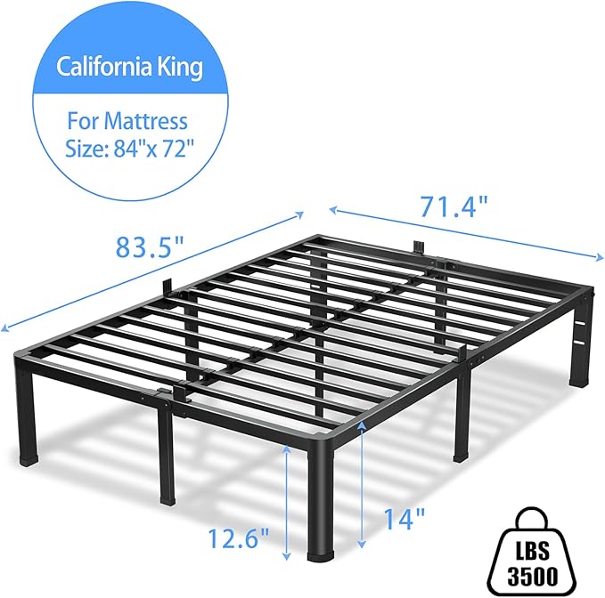 14 Inch California King Bed Frame, 3500Lbs Heavy Duty Metal Platform - Image 3