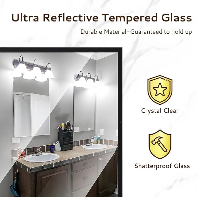 Bathroom Mirror 26"x38" Wall Rectangle Mirror Black Vanity Square Frosted Metal - Image 4