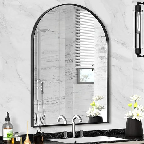 22" x 30" Black Arched Mirror, Arch Wall Mirror, Metal Frame Black Bathroom by Minuover