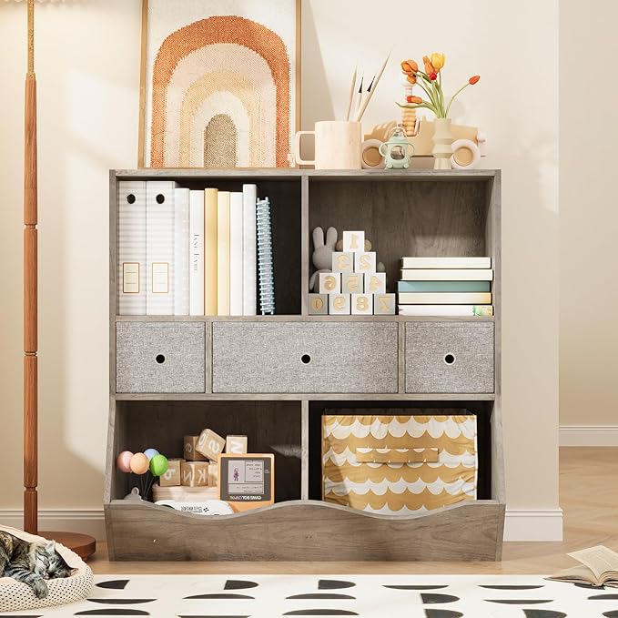 IDEALHOUSE 7-Cubby Large Kids Toy Storage Organizer, Children Wood Bookcase and by IDEALHOUSE