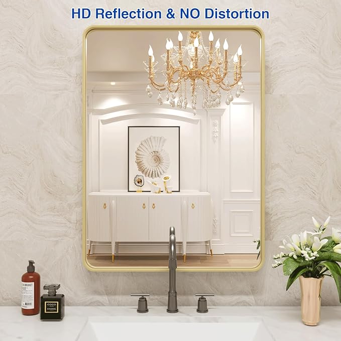 WEER Gold Bathroom Mirror, 22X30 Inch Brushed Gold Metal Frame Mirror, Rounded - Image 2
