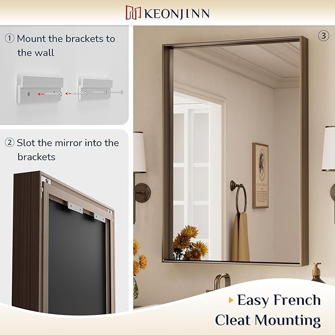 Keonjinn 42 x 36 Inch Brushed Bronze Bathroom Mirror, Rectangle Framed Vanity - Image 4