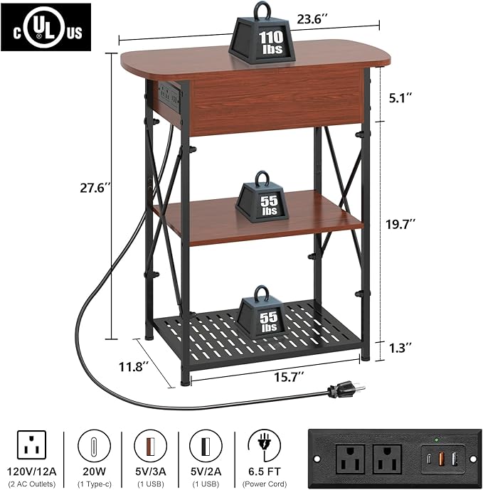 Narrow Side Table with Charging Station, End Tables Set of 2 - Image 3