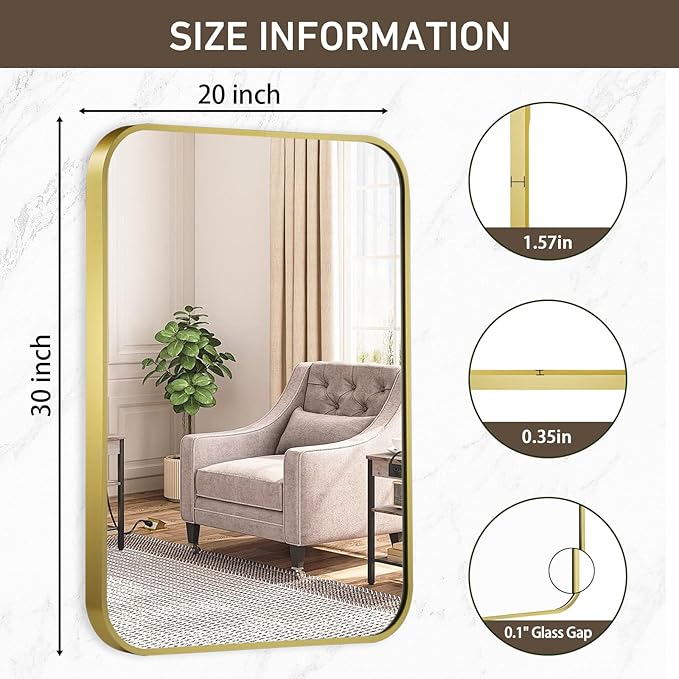 Matte Gold Mirror, 20x30 Inch Brushed Gold Mirror, Aluminum Alloy Framed Vanity - Image 6