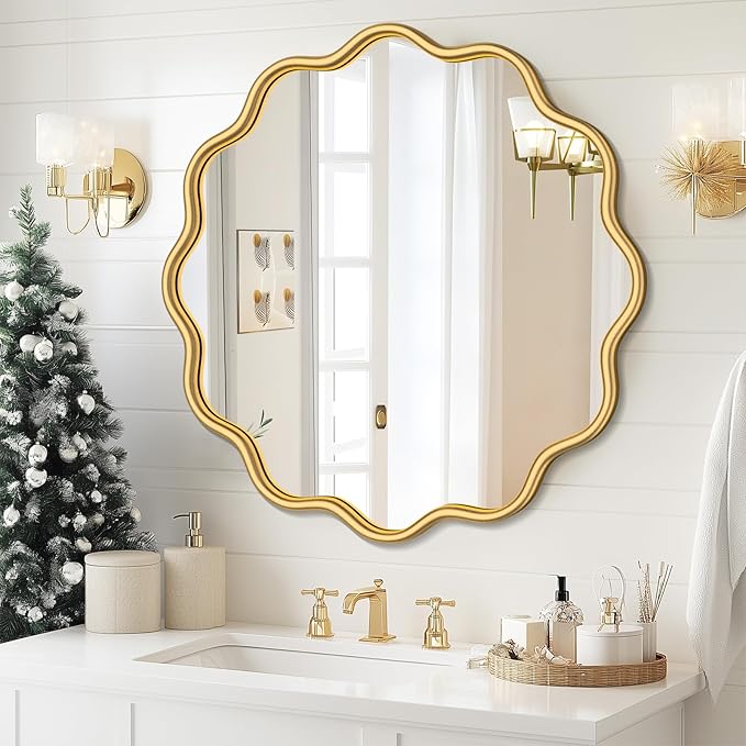 PROHOMEWARE Gold Round Mirror 28 Inch Wavy Bathroom Vanity Mirror Gold Frame by PROHOMEWARE