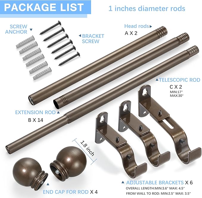 Curtain Rods for Windows 16 to 136 Inches, Curtain Rod Max Adjustable Length of - Image 3