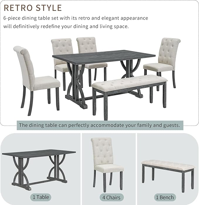 SogesPower 6-Piece Dining Table Set, Rectangular Farmhouse Kitchen Dining Table - Image 4