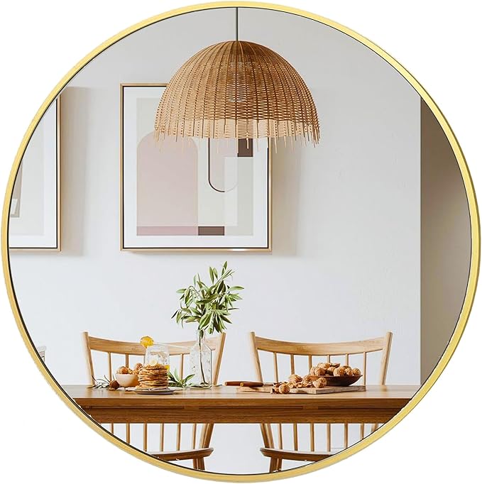 24 inch Gold Circle Wall Mirror, Brushed Gold Metal Framed Round Mirror by UMZODO