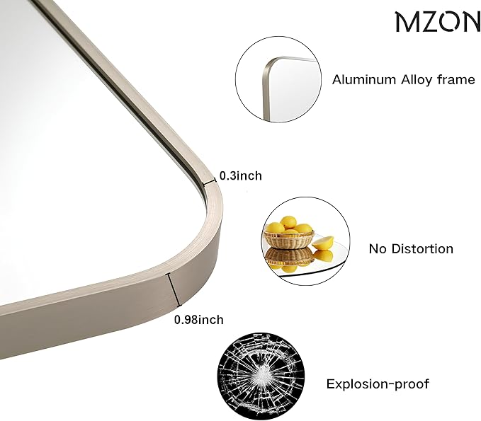MZON 24x36Inch Brushed Nickel Bathroom Mirror, Rectangle Wall Mounted Mirror - Image 3