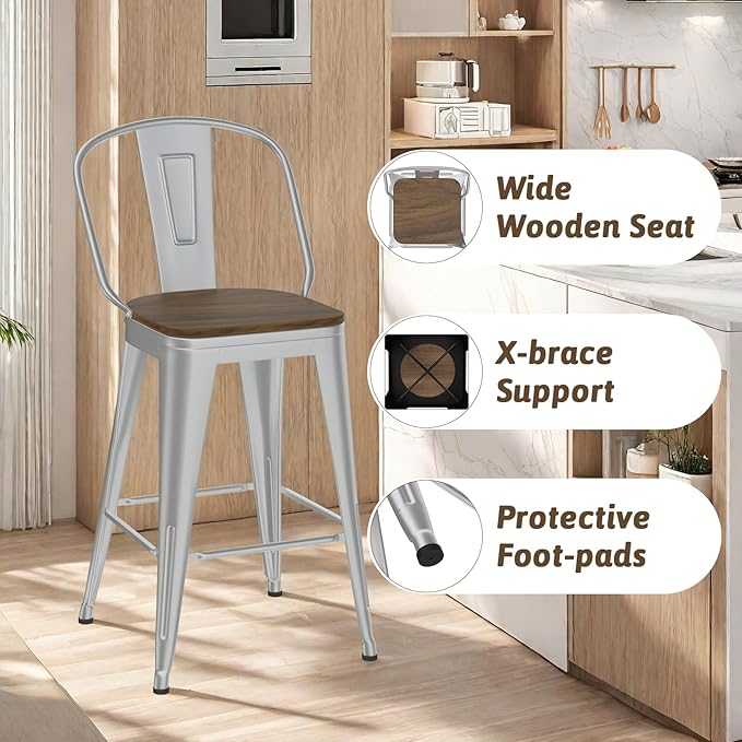 26” Swivel Bar Stools Set of 4, Counter Height Bar Stools Wooden Seat, Metal - Image 5