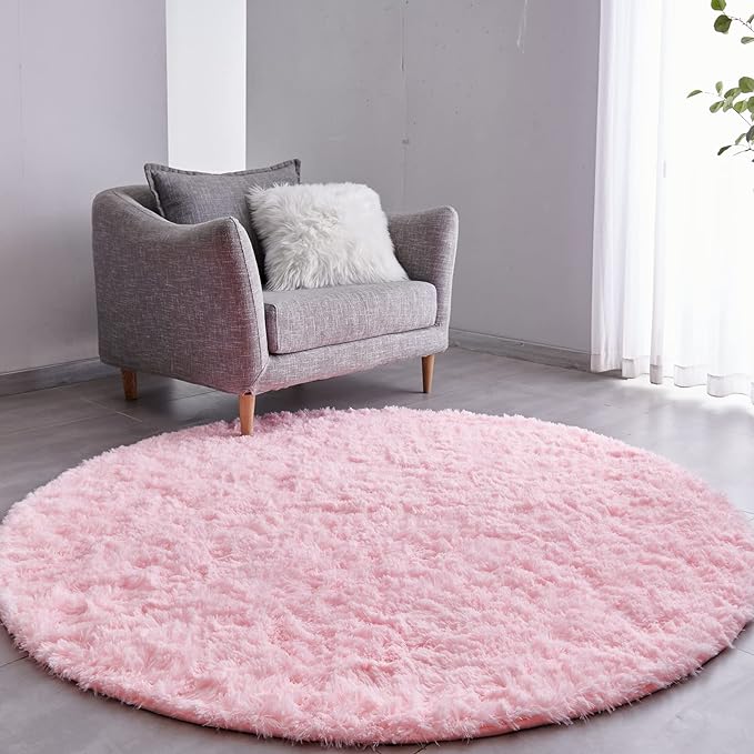 FJZFING Pink Round Rug Ultra-Soft Plush Modern 4x4 Circle Area Rug by FJZFING