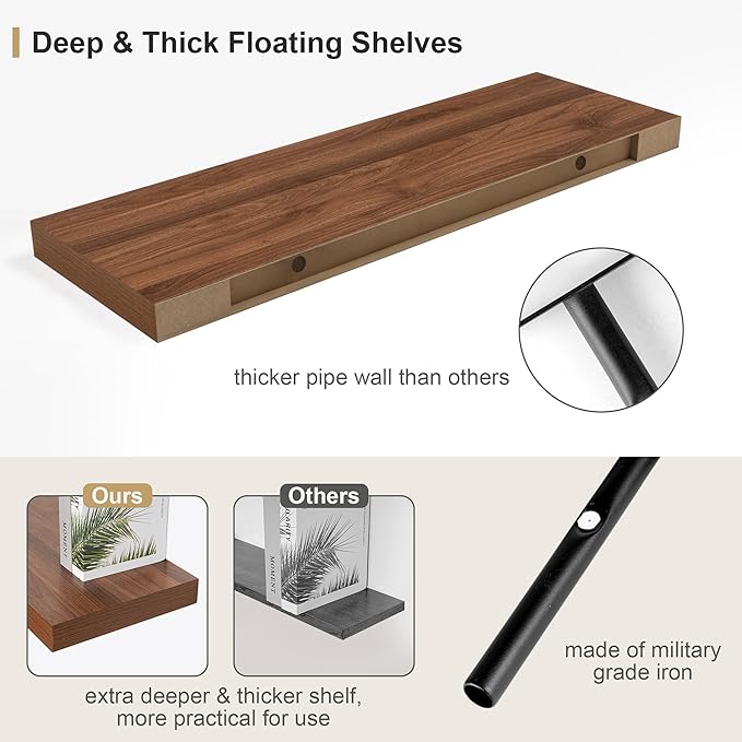 12" Deep Walnut Floating Shelves, Over Toilet Long Wall Mounted Modern - Image 4