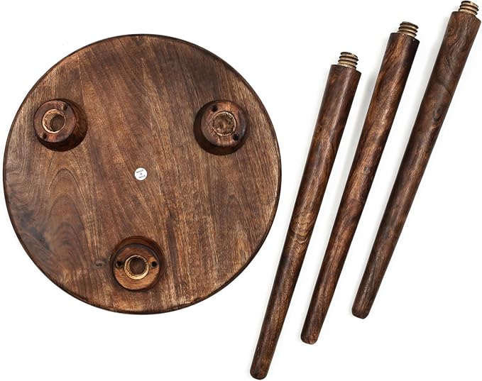 Wooden Table with 3 Legs Pillar, Carving End Tables, Round Coffee Table - Image 3