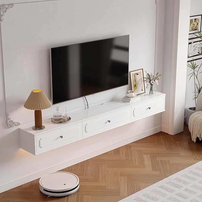 Retro Floating TV Console with 3 Doors, Wall Mounted TV Cabinet, Contemporary - Image 2