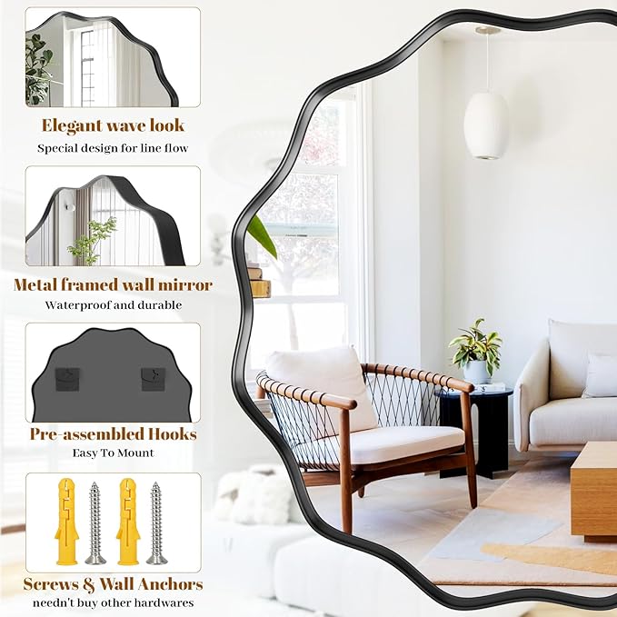 Round Wavy Mirror, 42 Inch Metal Frame Circle Mirror, Round Wall Mounted - Image 4