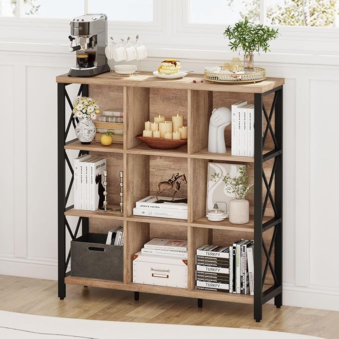 FATORRI 9 Cube Storage Bookshelf, 4 Shelf Book Shelf, Farmhouse Wood and Metal - Image 4
