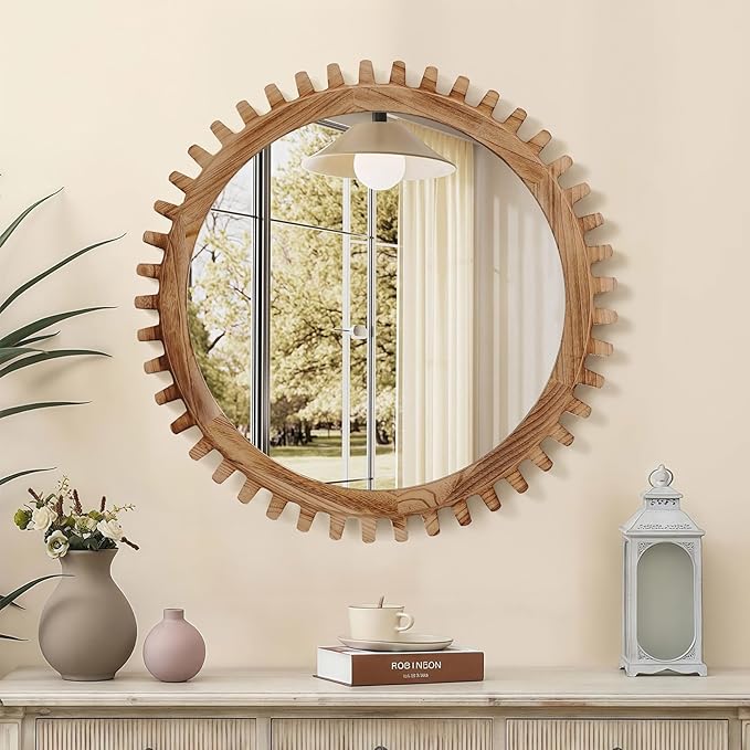 ULIKE Round Wood Mirror, 24 Inch Rustic Farmhouse Circle Mirror - Image 4