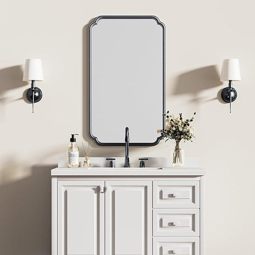 26"x40" Rustproof Bathroom Mirror Black, Round Corner Metal Frame Wall Mirror - Image 2