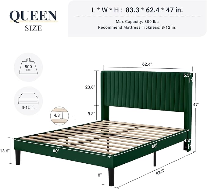 Allewie Queen Size Bed Frame/Velvet Upholstered Platform Bed/Vertical Channel - Image 2