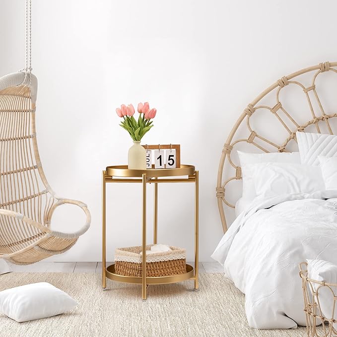TeoKJ 2 Tier Round Side Table, Folding Metal Small Bedside Nightstand for - Image 7