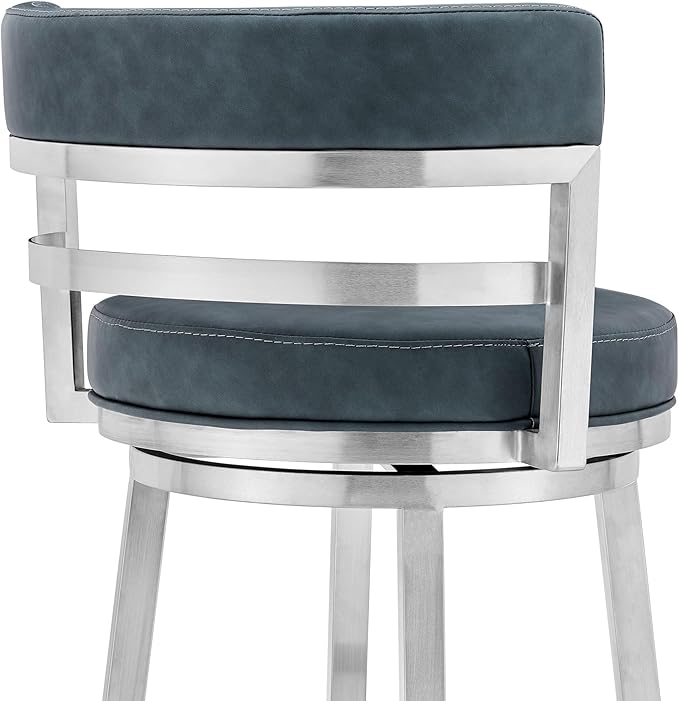 Armen Living Madrid 30" Seat Height Swivel Modern Blue Faux Leather and Brushed - Image 6