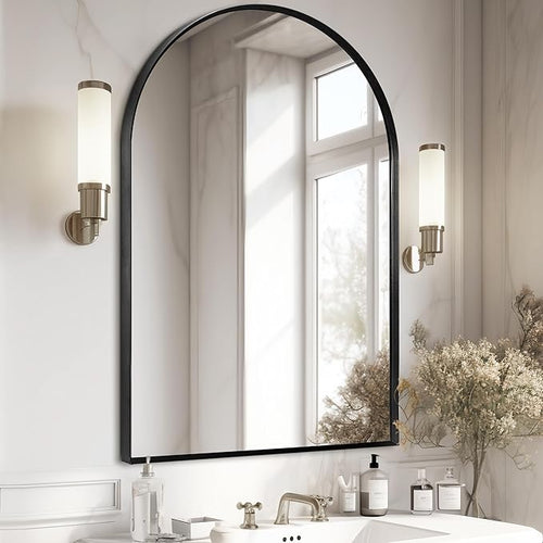28" x 36" Black Arched Mirror, Large Arch Bathroom Wall Mirror, Metal Frame by Minuover