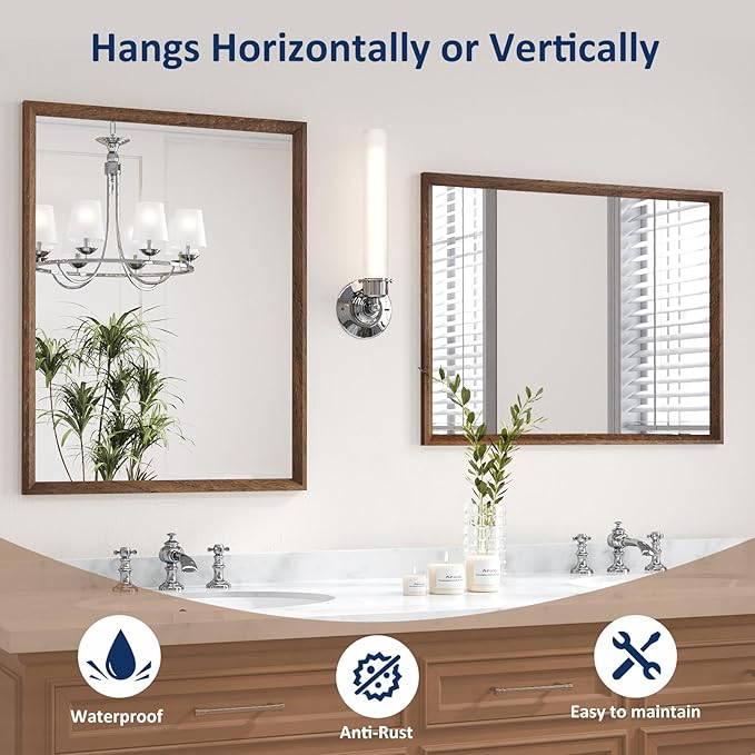 WEER Walnut Framed Mirror for Bathroom, 36x30 Inch Wall Mounted Mirror - Image 5