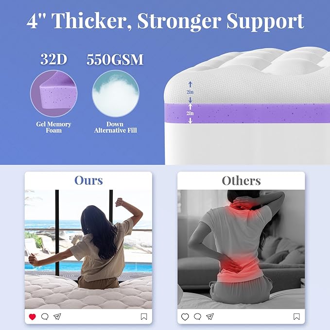 OhGeni Cooling 4 inch Dual Layer Queen Mattress Topper, 2 inch Cooling Gel - Image 3