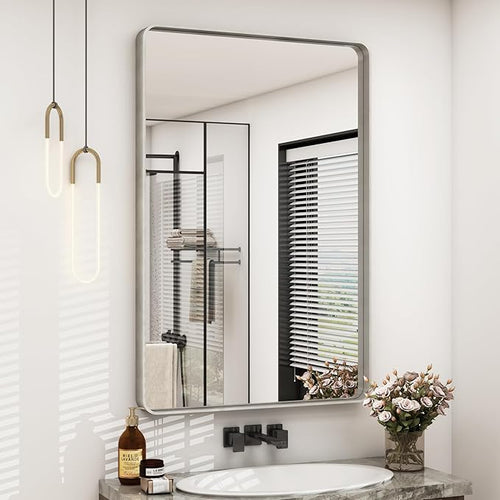24x36 Silver Bathroom Mirror for Wall, Brushed Metal Framed Bathroom Vanity by CHARMOR
