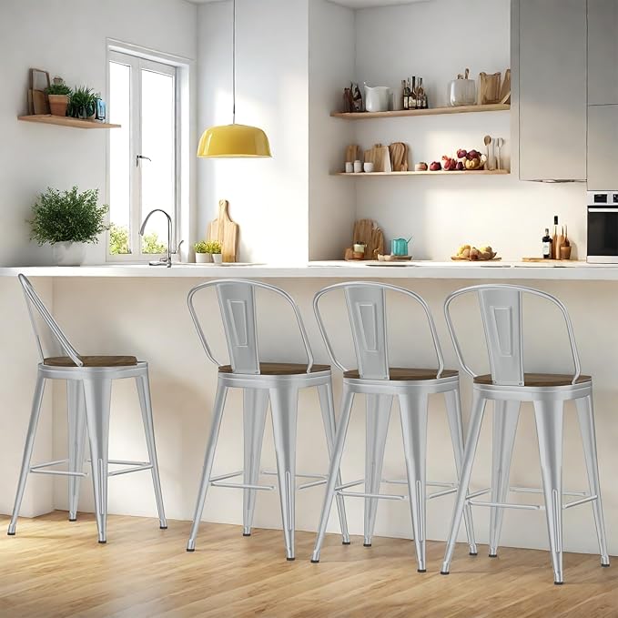 30” Swivel Bar Stools Set of 4, Counter Height Bar Stools Wooden Seat, Metal by Homvinax