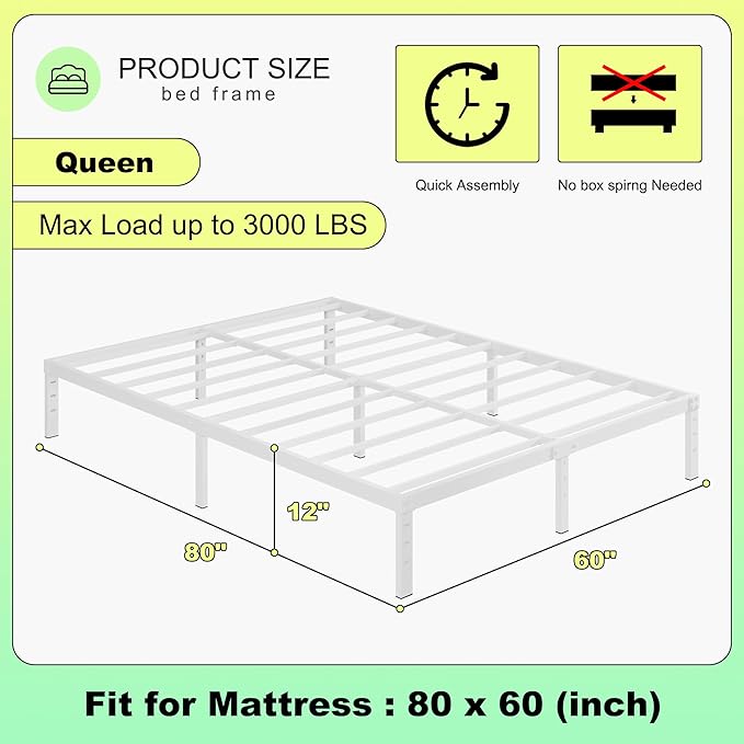 12 Inch Bed Frame Queen Size, Heavy Duty Steel Queen Bed Frame No Box Spring - Image 2