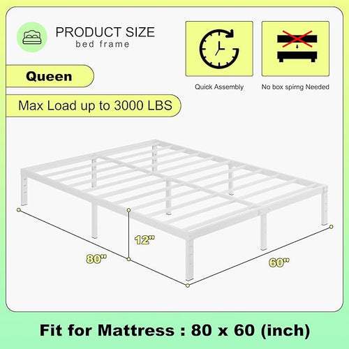 12 Inch Bed Frame Queen Size, Heavy Duty Steel Queen Bed Frame No Box Spring - Image 2