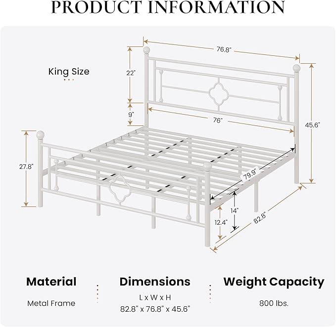 SHA CERLIN 14 Inches King Size Metal Platform Bed Frame/Vintage Iron-Art - Image 2