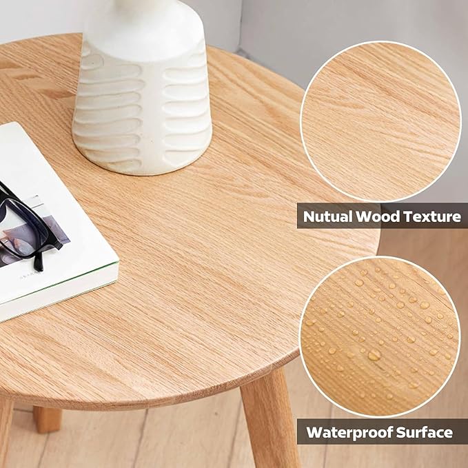 100% Solid Oak Round Side Table Set of 2, Small Bedside Table - Image 5