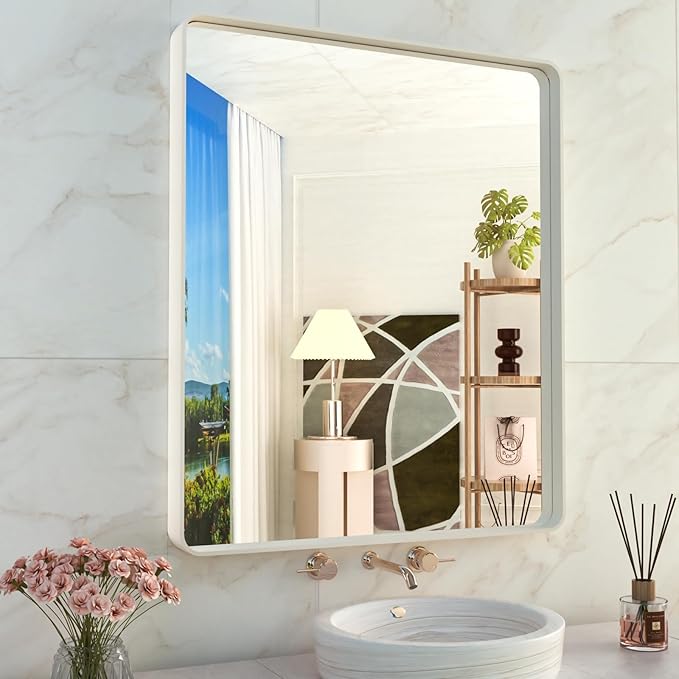 WEER White Bathroom Mirror 28X36 Inch, Rounded Rectangle White Metal Frame by WEER