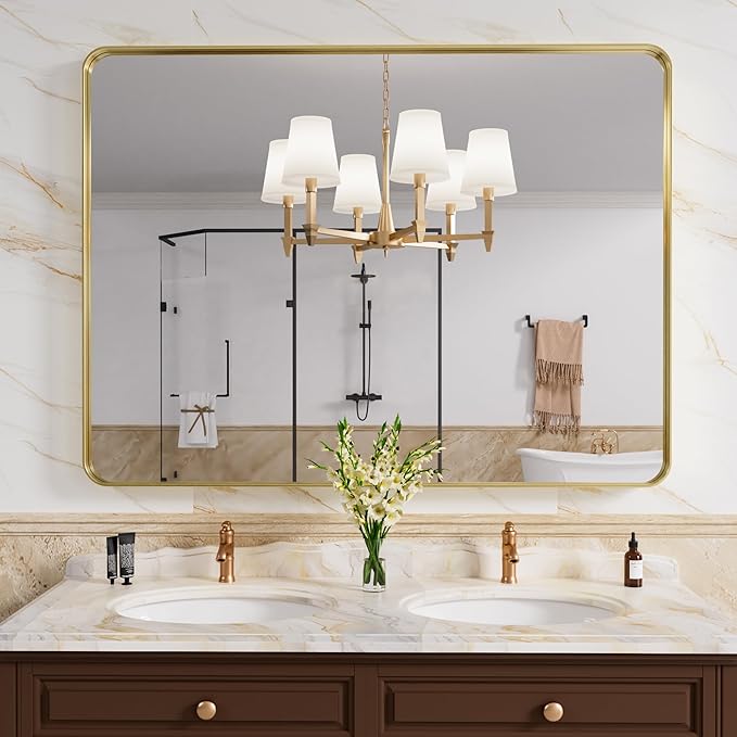 Gold Bathroom Mirror, 40x30 Inch Brushed Gold Metal Frame Mirror - Image 2