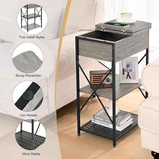 Narrow End Table with Charging Station, Flip Top End Table with Storage - Image 5