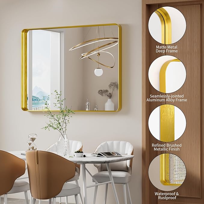 Koonmi Gold Wall Mirror for Bathroom, 30x48 Inch Matte Deep Framed Rounded - Image 3