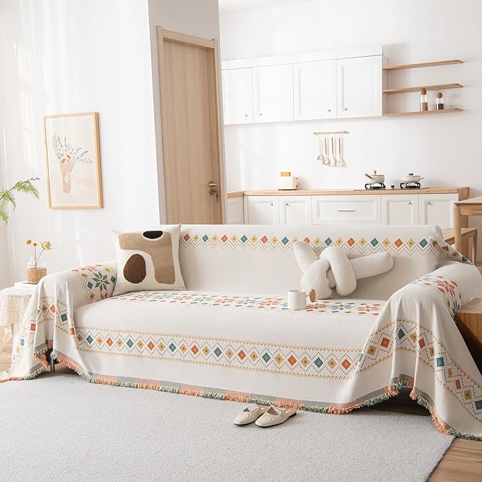 STACYPIK Modern Beige Couch Cover, Boho Jacquard Furniture Protector - Image 2