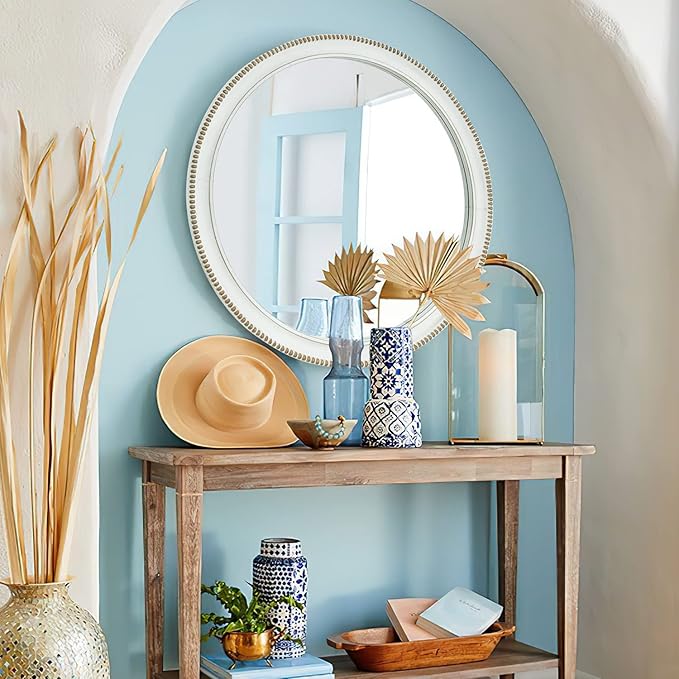 sawsile Wood Circle Mirror, Rustic Farmhouse Wall Mirror 28 inch Round Morden - Image 7
