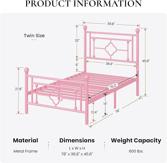 SHA CERLIN 14 Inches Twin Size Metal Platform Bed Frame/Vintage Iron-Art - Image 2