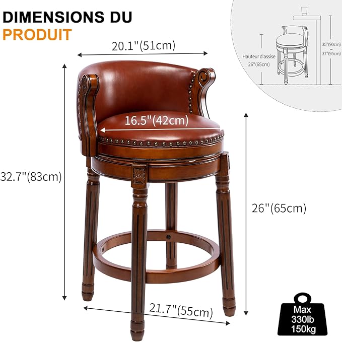 Cow top Leather Wooden Bar Stools, 180 Degrees Swivel Barstools Chair - Image 3