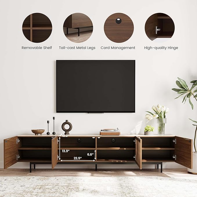POVISON Mid Century Modern Sintered Stone TV Stand, Slatted Media Console TV - Image 6
