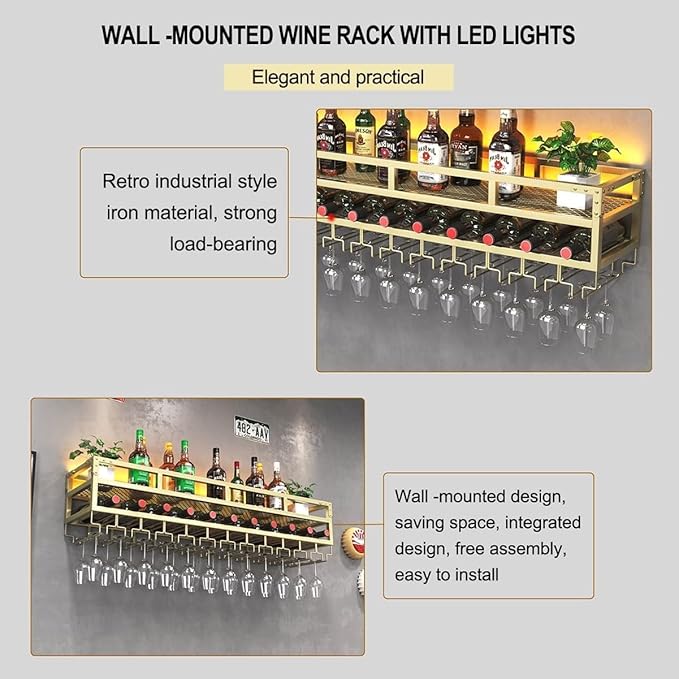 LED Wine Rack Wall Mounted, Industrial Metal Wall Wine Shelf & Glass Holder - Image 5