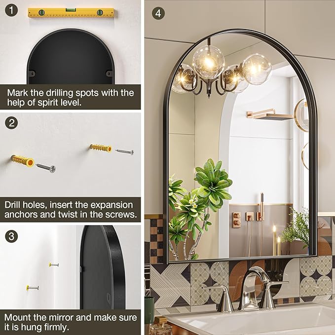 Brightify Arched Mirror, 26 x 38 Inch Black Arch Wall Mirror, Metal Frame Black - Image 6