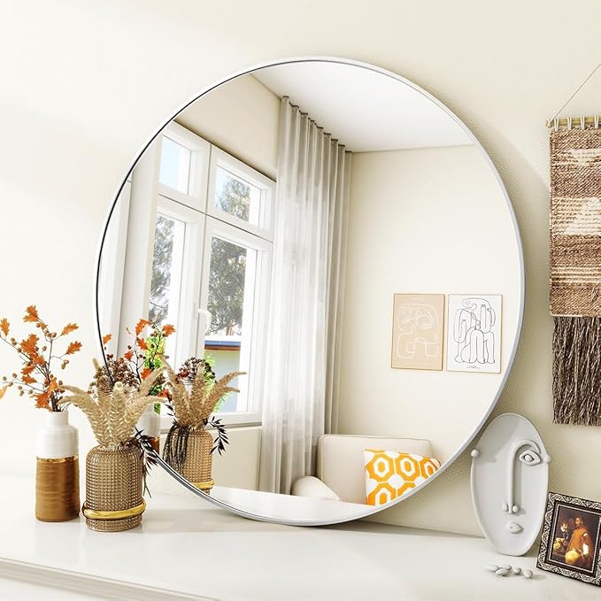 Silver Round Bathroom Mirror, 24 inch Circle Wall Mounted Hanging Mirror - Image 4