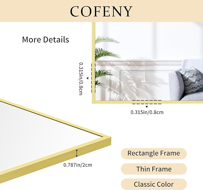 Gold Bathroom Mirror for Wall, 60x30 Inch Rectangle Mirrors - Image 8