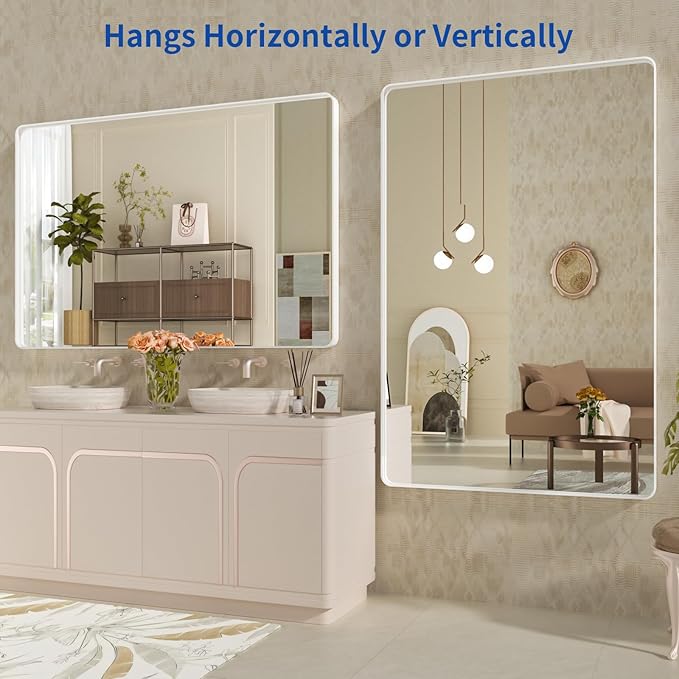 WEER White Bathroom Mirror 60X28 Inch, Rounded Rectangle White Metal Frame - Image 5