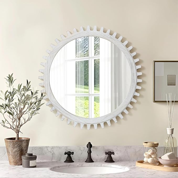 ULIKE Round Wood Mirror, 30 Inch Rustic Farmhouse Circle Mirror - Image 2