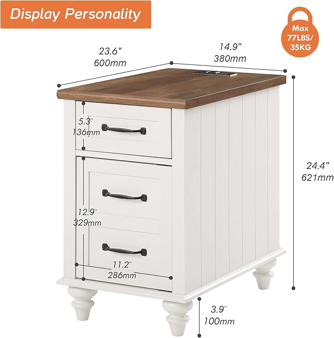 WAMPAT End Table with Charging Station, Wood Nightstand with Power Outlets & - Image 2